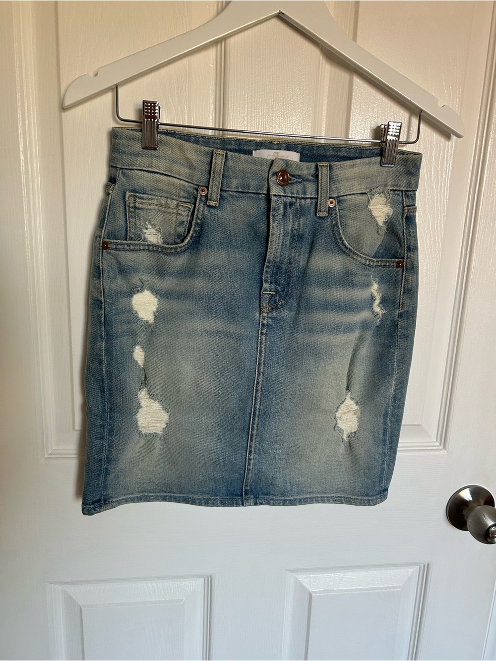 7 For All Mankind Light Blue Distressed Denim Mini Skirt